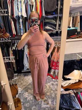 Women’s Pink High-Waist Drawstring Wide-Leg Jumpsuit